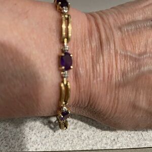 14K Yellow Gold Amethyst, Diamond & Gold Link Bracelet Size 7.5 inches